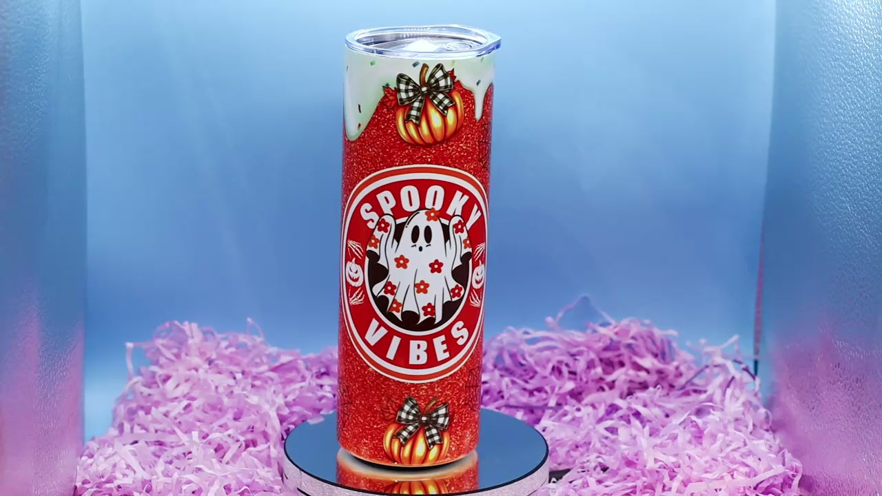 Video showcasing a spooky vibes 20oz stainless steel tumbler