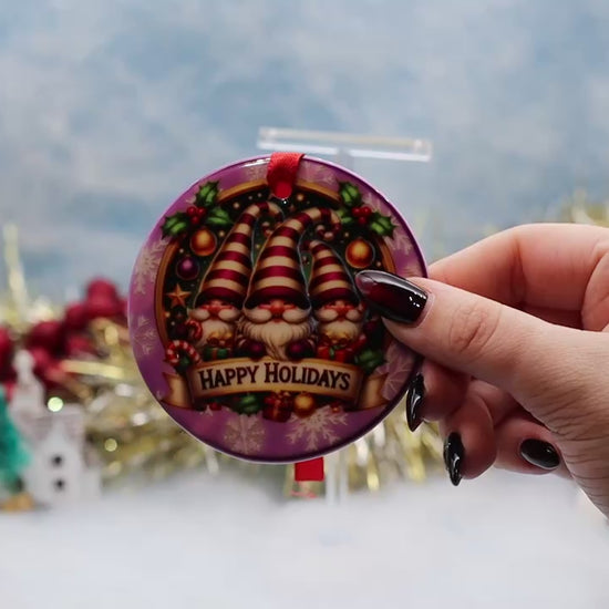 Video Showcasing Christmas Ornaments with a family of gnomes and "happy Holidays"
