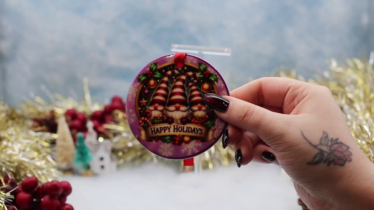 Video Showcasing Christmas Ornaments with a family of gnomes and "happy Holidays"