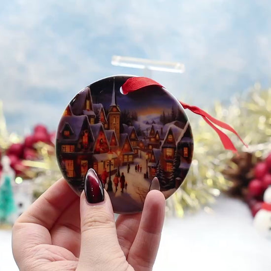 Video Showcasing Christmas ornament featuring 2 cozy Christmas scenes