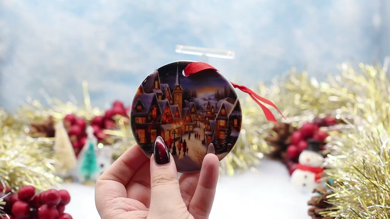 Video Showcasing Christmas ornament featuring 2 cozy Christmas scenes