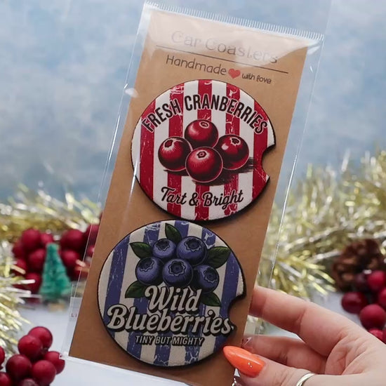 Video Showcasing 2 car coasters featuring Cranberries and Blueberries
