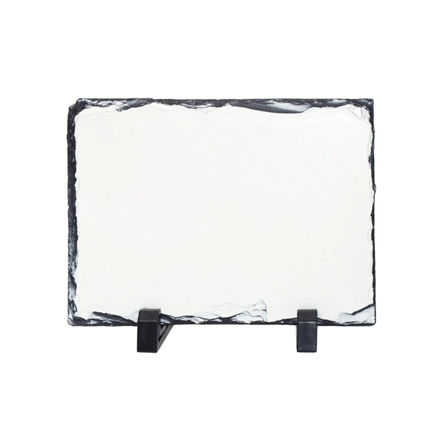A rectangular slate with a dark natural border, displayed on a black stand against a plain white background.
